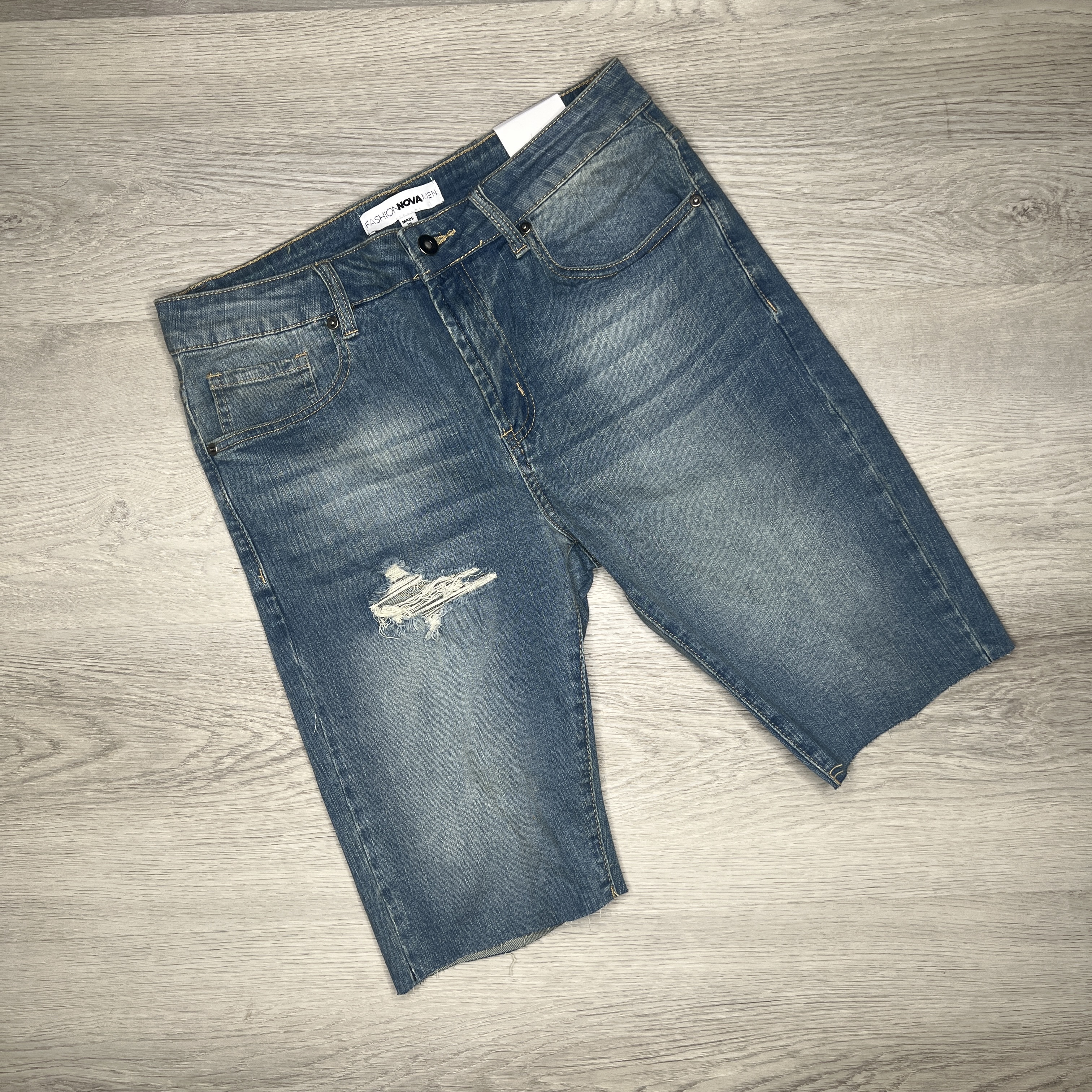 Raw-Edge Denim Shorts Vintage Blue Wash