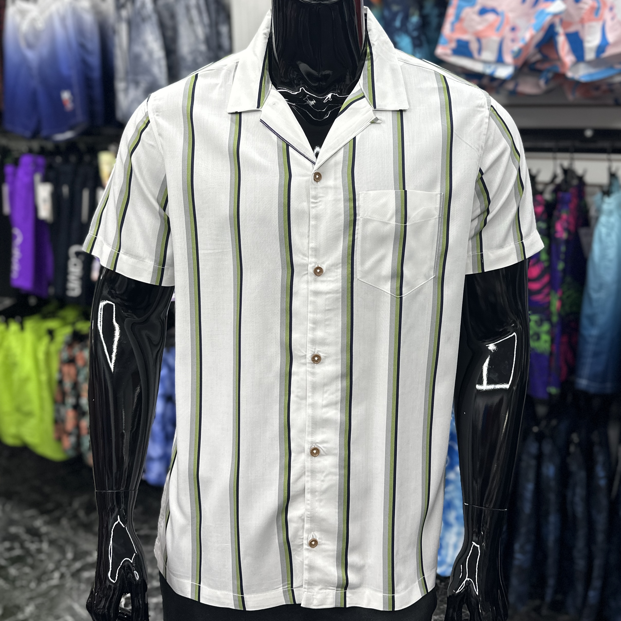 Vertical Stripe Button-Down Camp Shirt White/Green
