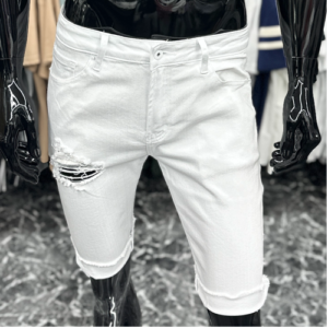 Distressed Raw-Edge Denim Shorts White