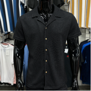 Waffle Knit Solid Button Front Shirt Black
