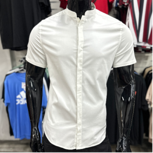 [SALE] Premium Slim White Sateen Shirt with Mandarin Collar