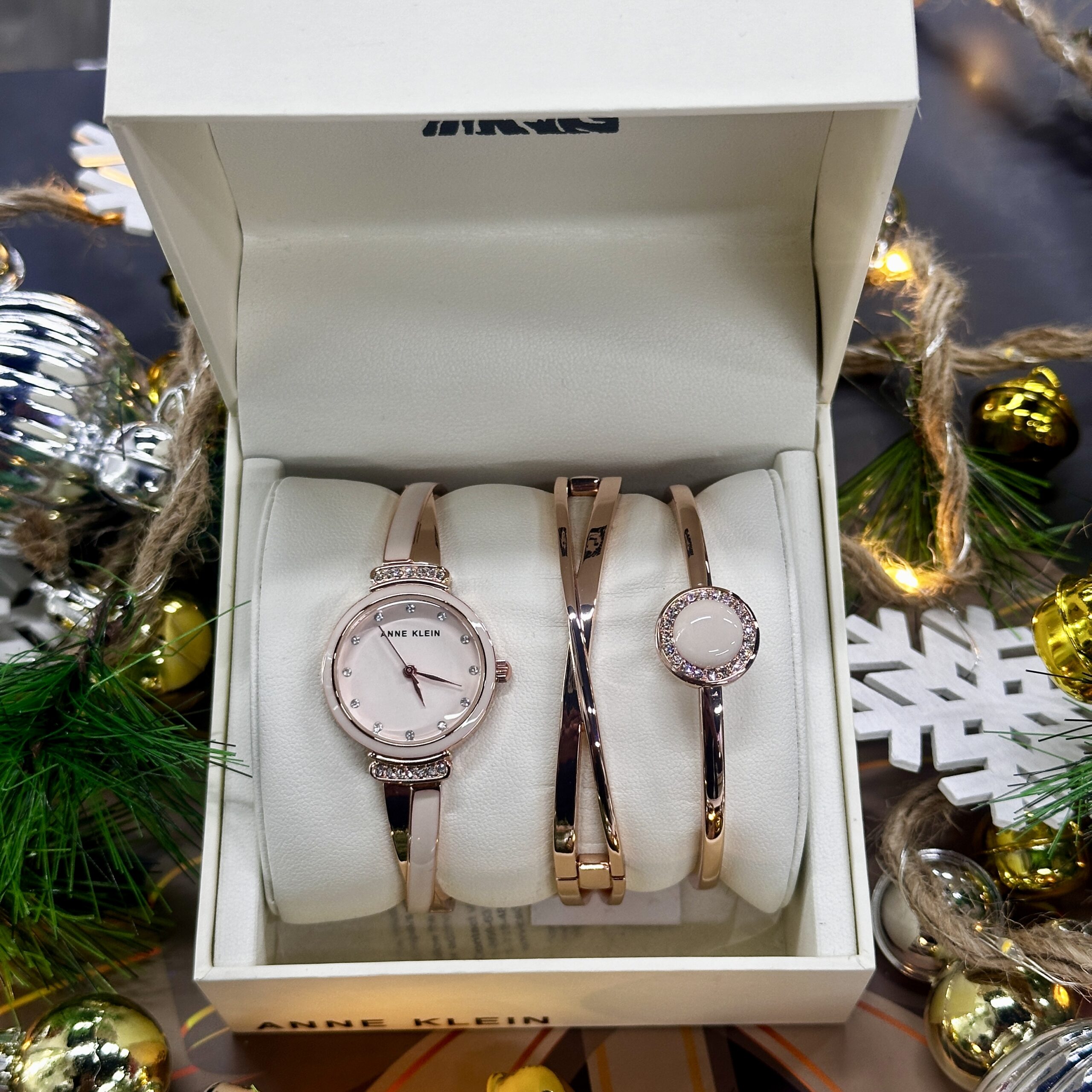 Anne Klein Crystal Accented Watch and Bangle Set Gold/Pink  display picture 1