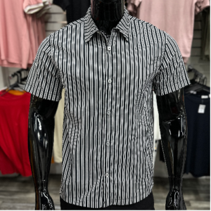 [SALE] Black/White Striped Poplin Short-Sleeve Shirt