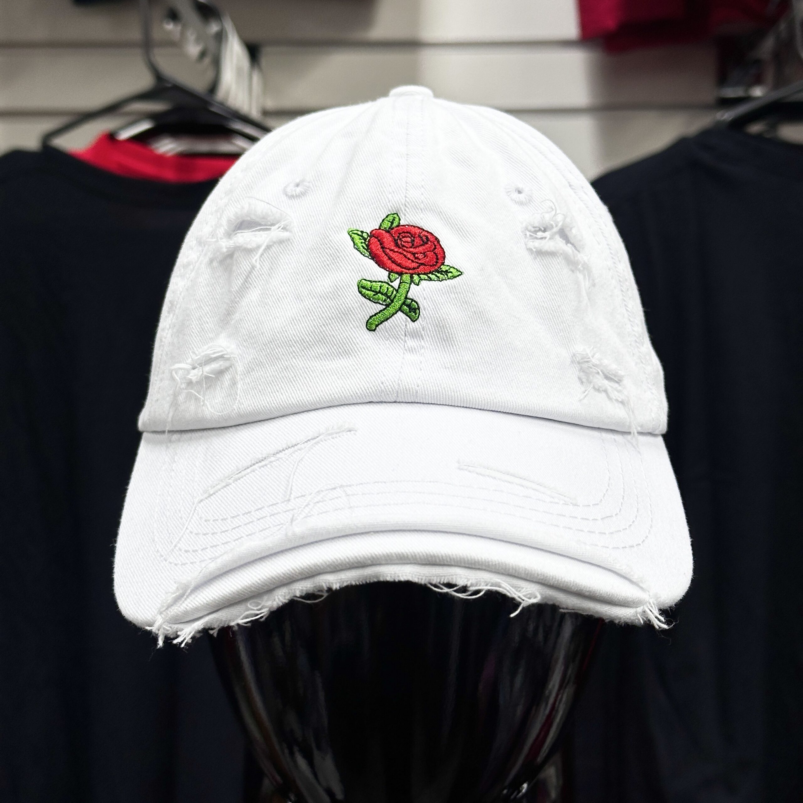 Rose Embroidery White Distressed Baseball Cap