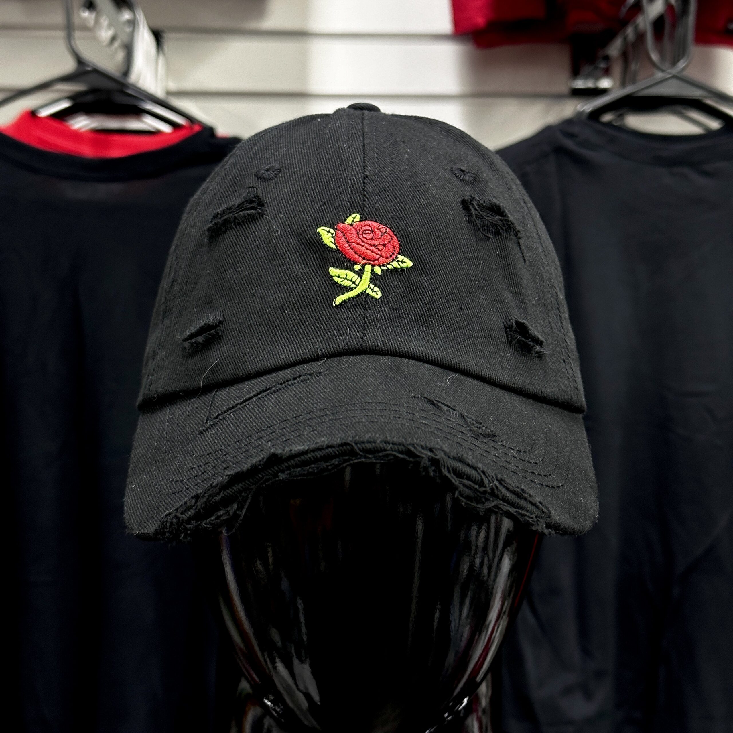 Rose Embroidery Black Distressed Baseball Cap