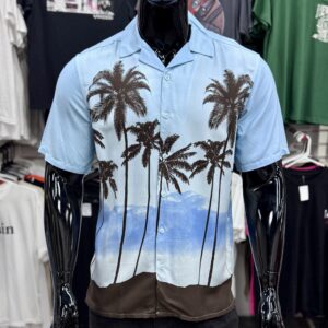 Revere Collar Light Blue Palm Print Shirt