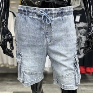 Drawstring Light Denim Cargo Shorts