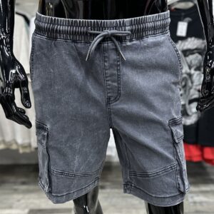 Drawstring Grey Wash Denim Cargo Shorts