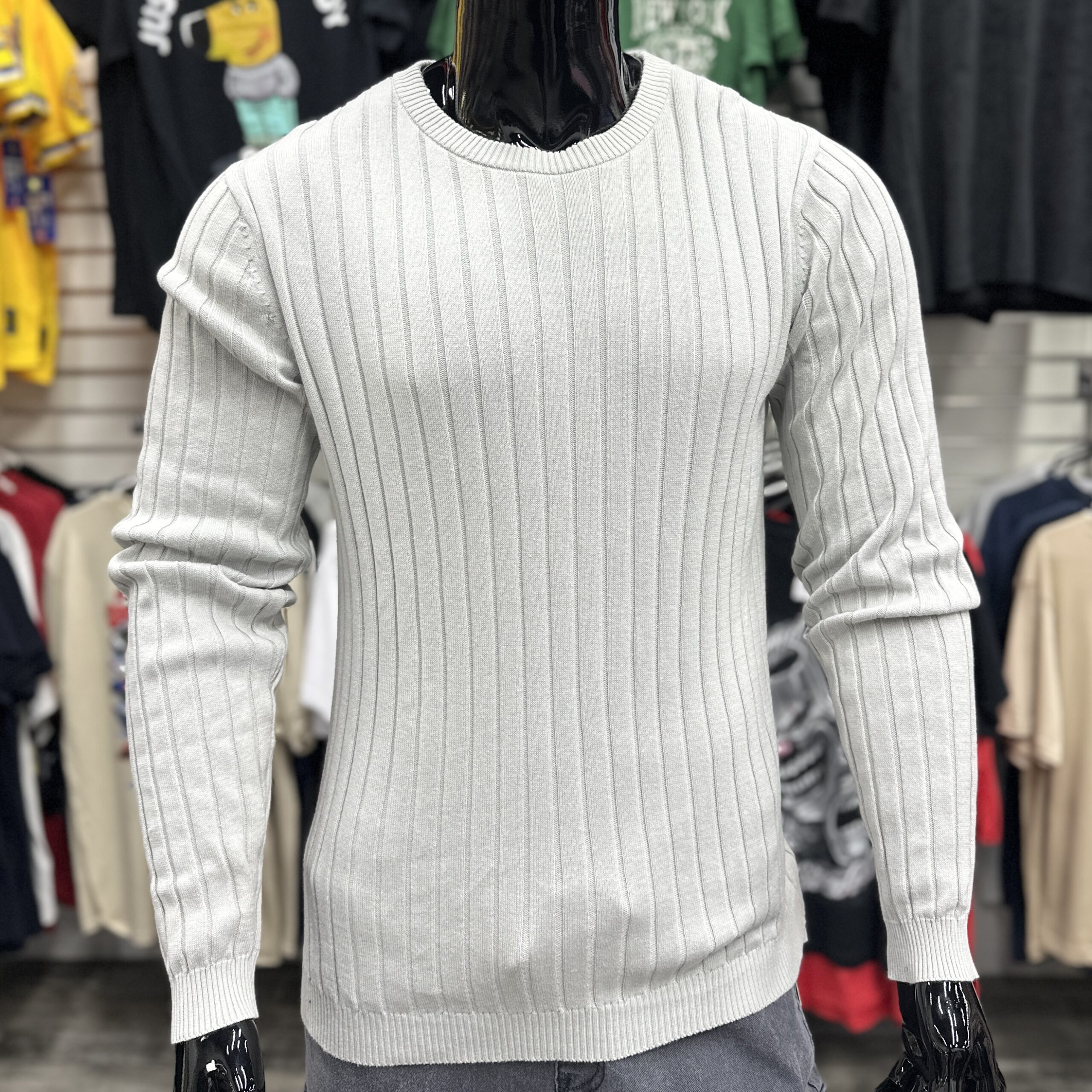 Essential Ribbed Knit Muscle Fit Grey Sweater