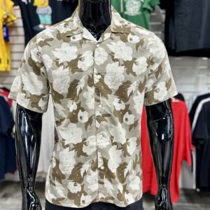 Linen Mix Revere Collar Beige Floral Shirt