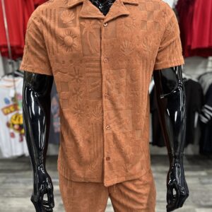 [SALE] Tropical Jacquard Terry Textured Shirt & Shorts Set
