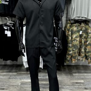 Leisurely Black Vertical Rib Shirt & Pants Set