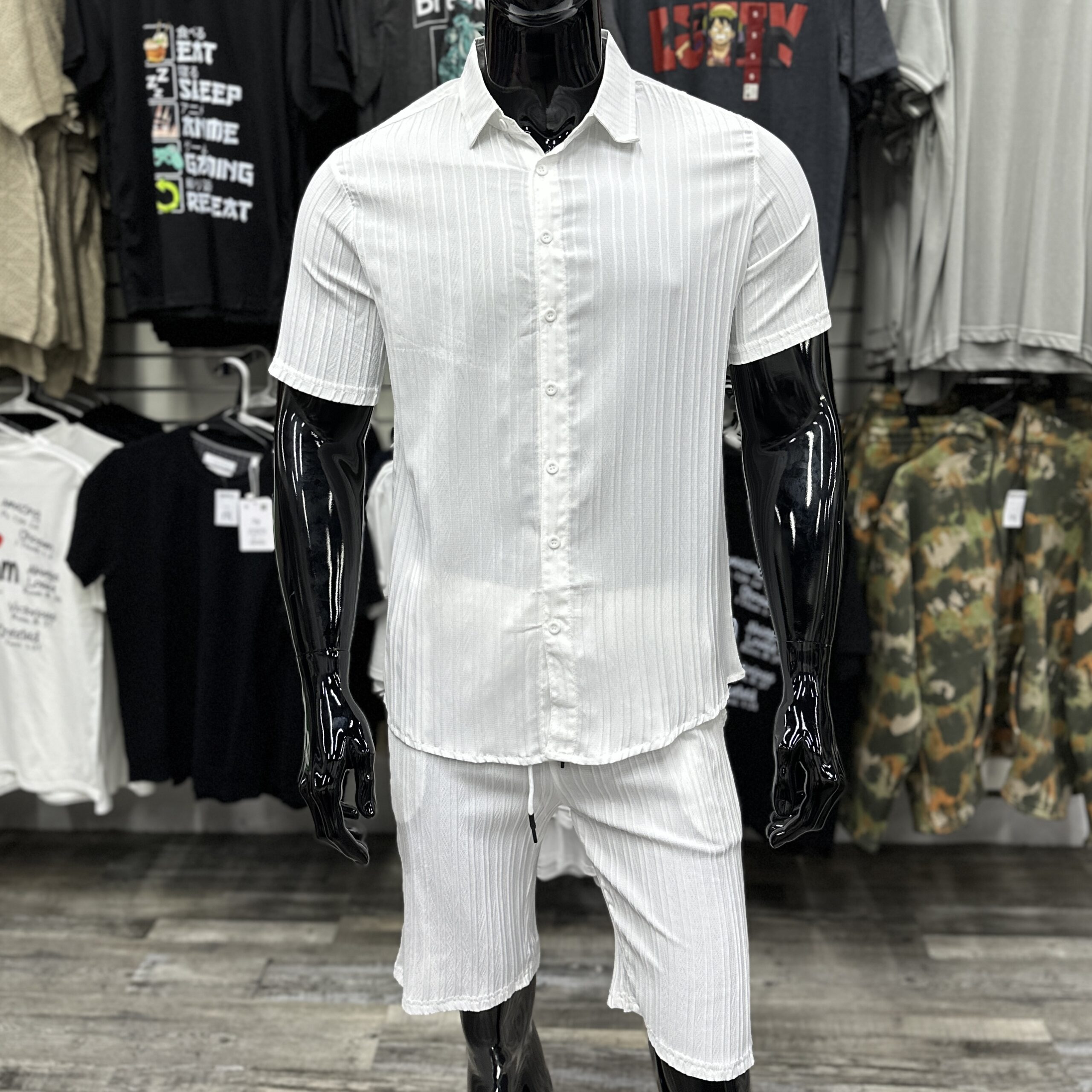 White Double Rib Essentials Shirt & Shorts Set