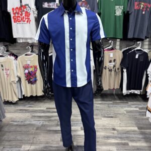 [SALE] Contrast Color Button Front Shirt & Pants Set White/Blue