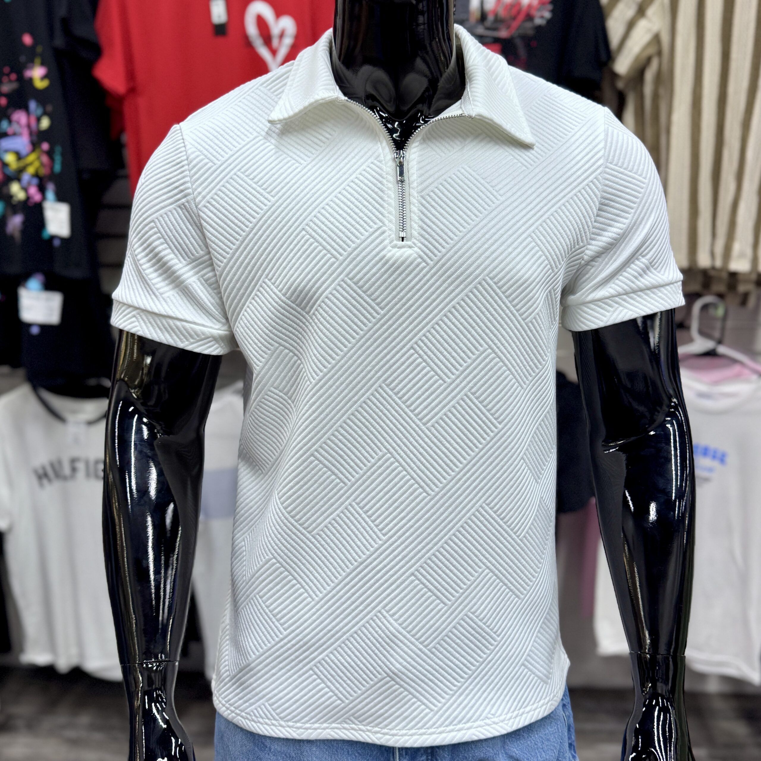 Jacquard Knit Zipper Polo White – Dr. Apparel