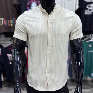 Collarless Double Rib Stretch Shirt Beige
