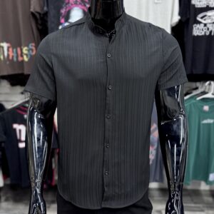 Collarless Double Rib Stretch Shirt Black