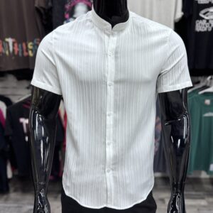 Collarless Double Rib Stretch Shirt White