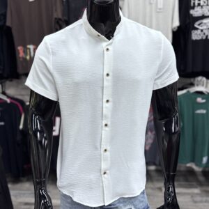 Collarless Linen-Like White Shirt