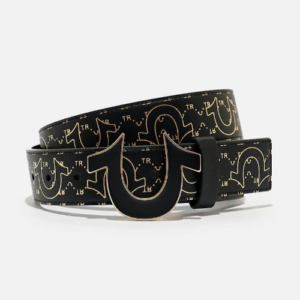 True Religion Black & Gold Belt Logo Buckle Belt