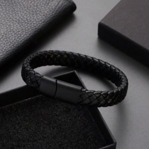 Braided Leather and Steel Clasp Bracelet Black