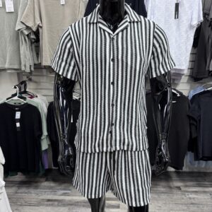 SCNY Vertical Textured Stripe Shirt & Shorts Set Black/Ecru