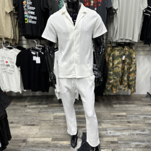 Leisurely White Vertical Rib Shirt & Pants Set