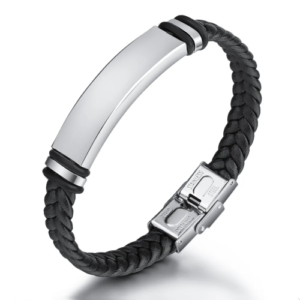 Simple Braided Leather & Stainless Steel Bracelet Black/Silver